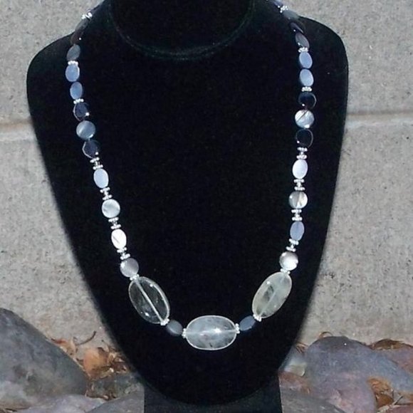 Handmad Grey & Black Necklace with Marbled Beads & Cloudy Agate Ovals 23 inches - Picture 12 of 16